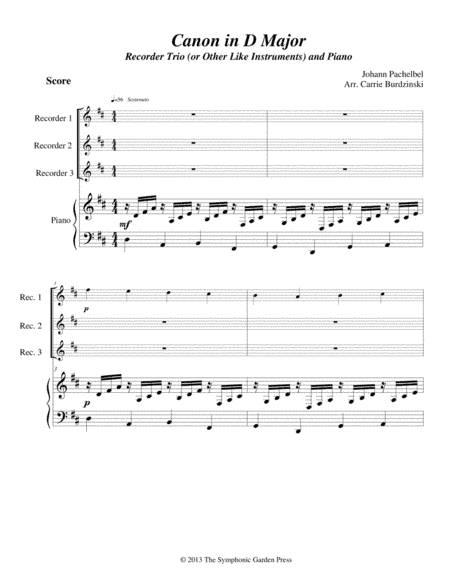 Pachelbel's Canon in D Major - flute, oboe, or recorder trio with piano (arr. C. Burdzinski)