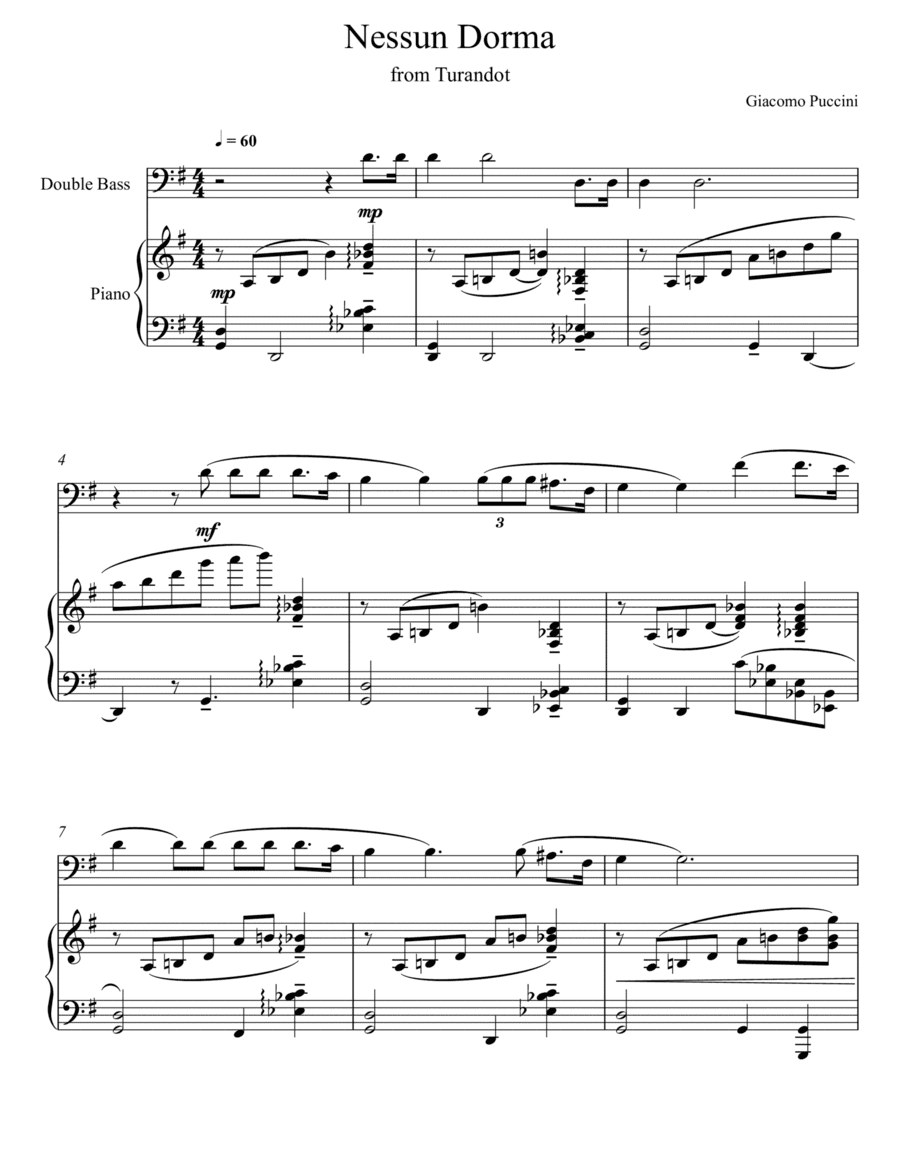 Giacomo Puccini - Nessun Dorma - Turandot (Double Bass Solo) (arr. André Laitano)