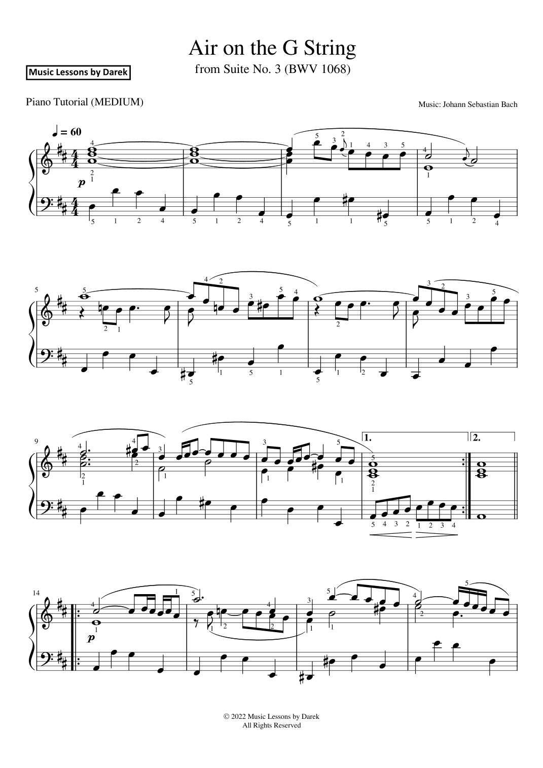 Air on the G String (MEDIUM) from Suite No. 3 (BWV 1068) [Johann Sebastian Bach] (arr. Darek)