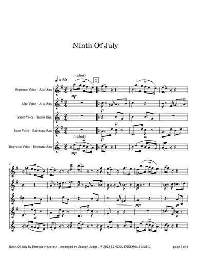 Ninth of July by Nazareth for Saxophone Quartet in Schools (arr. Joseph Judge)