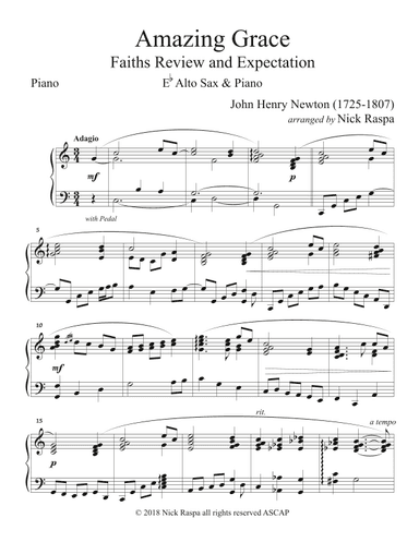 Amazing Grace (E Flat Alto Sax & Piano) Piano part (arr. Nick Raspa)
