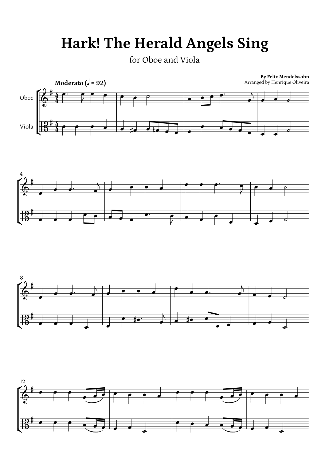 Hark! The Herald Angels Sing (Oboe and Viola) - Beginner Level (arr. Henrique Oliveira)