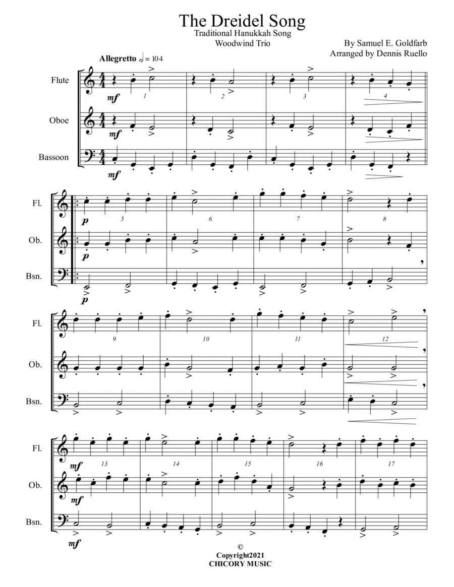 The Dreidel Song - Mixed Woodwind Trio - Intermediate (arr. Dennis Ruello)