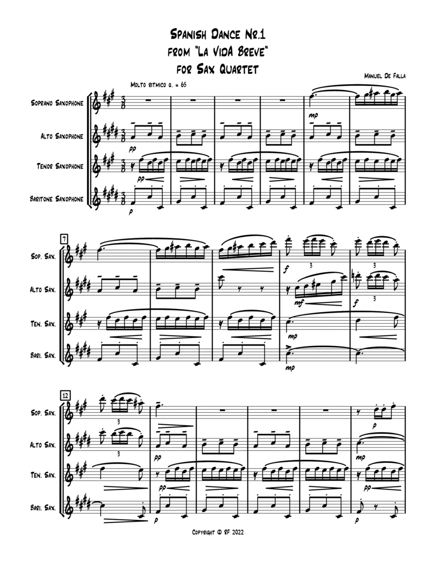 Spanish Dance nr.1 for Sax Quartet(full score and parts) (arr. G.Kraja)