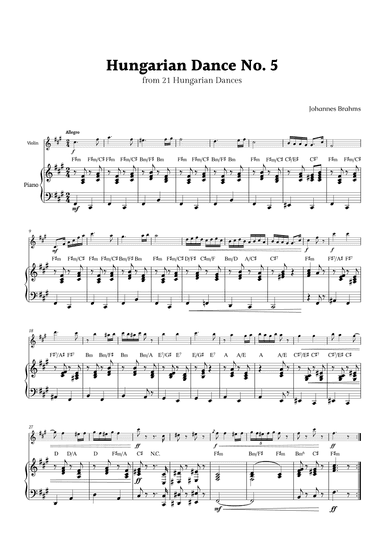 Hungarian Dance No. 5 by Brahms for Violino and Piano with Chords (arr. Rika K.)