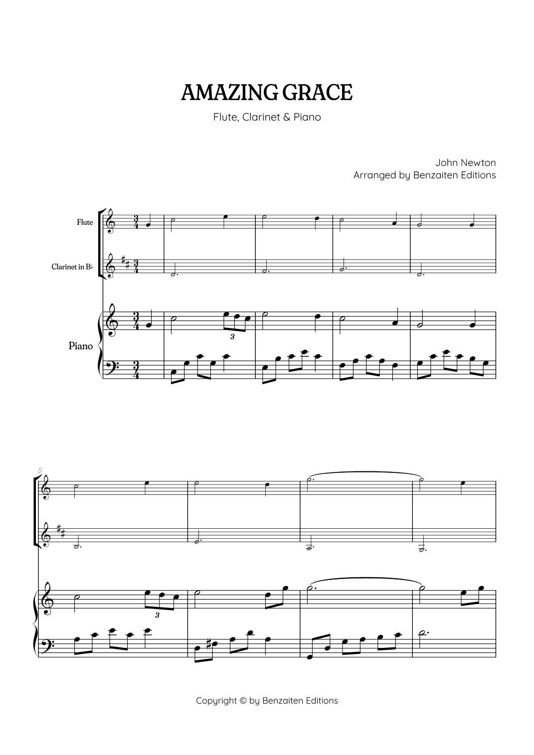 Amazing Grace • easy flute and clarinet sheet music with piano accompaniment (arr. Benzaiten Editions)
