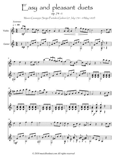 Easy Violin Guitar duets play along by Giuliani part I (arr. PianoSheetNow)