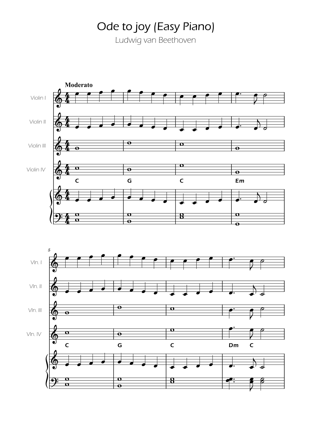 Ode To Joy - Easy Violin Quartet w/ Piano Accompaniment (arr. Ygor Nunes)
