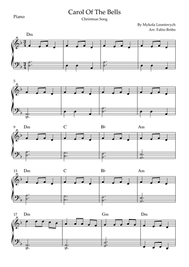 Carol Of The Bells (Christmas Song) for Easy Piano Solo with Chords (F/Dm) (arr. Fabio Britto)