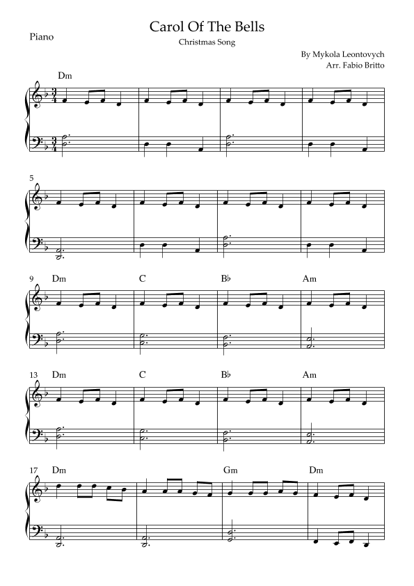 Carol Of The Bells (Christmas Song) for Easy Piano Solo with Chords (F/Dm) (arr. Fabio Britto)