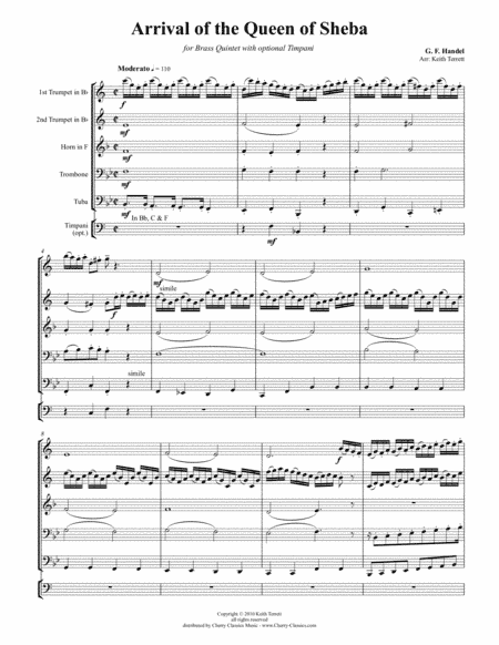 Arrival of the Queen of Sheba for Brass Quintet (arr. Terrett, Keith)