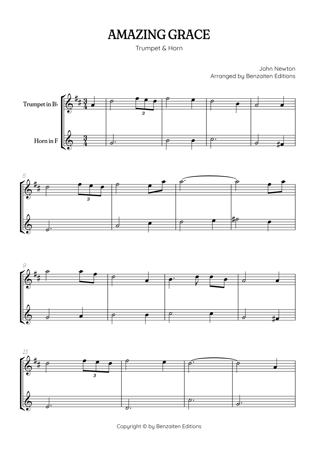 Amazing Grace • easy trumpet and french horn sheet music (arr. Benzaiten Editions)