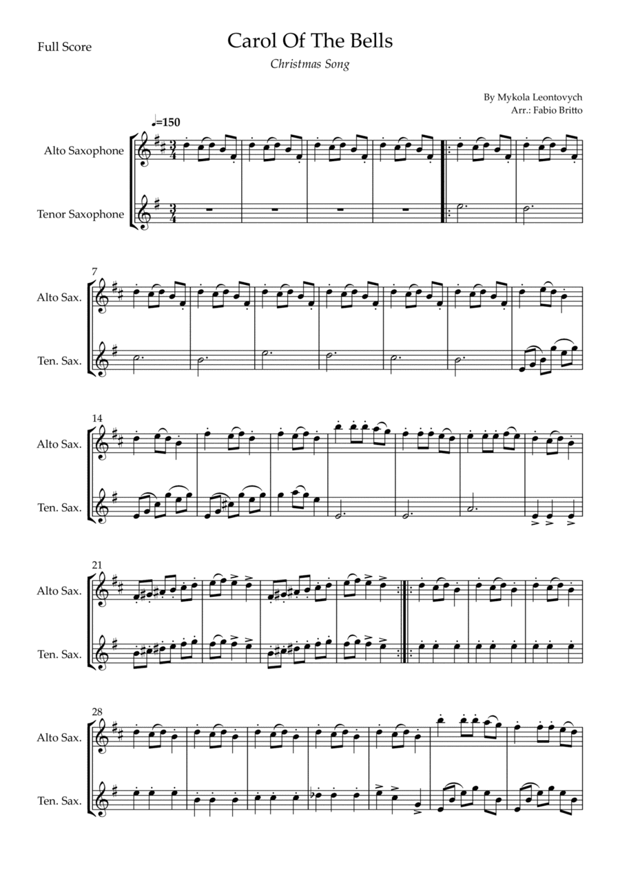 Carol Of The Bells (Christmas Song) for Alto Saxophone & Tenor Saxophone Duo (D Minor) (arr. Fabio Britto)