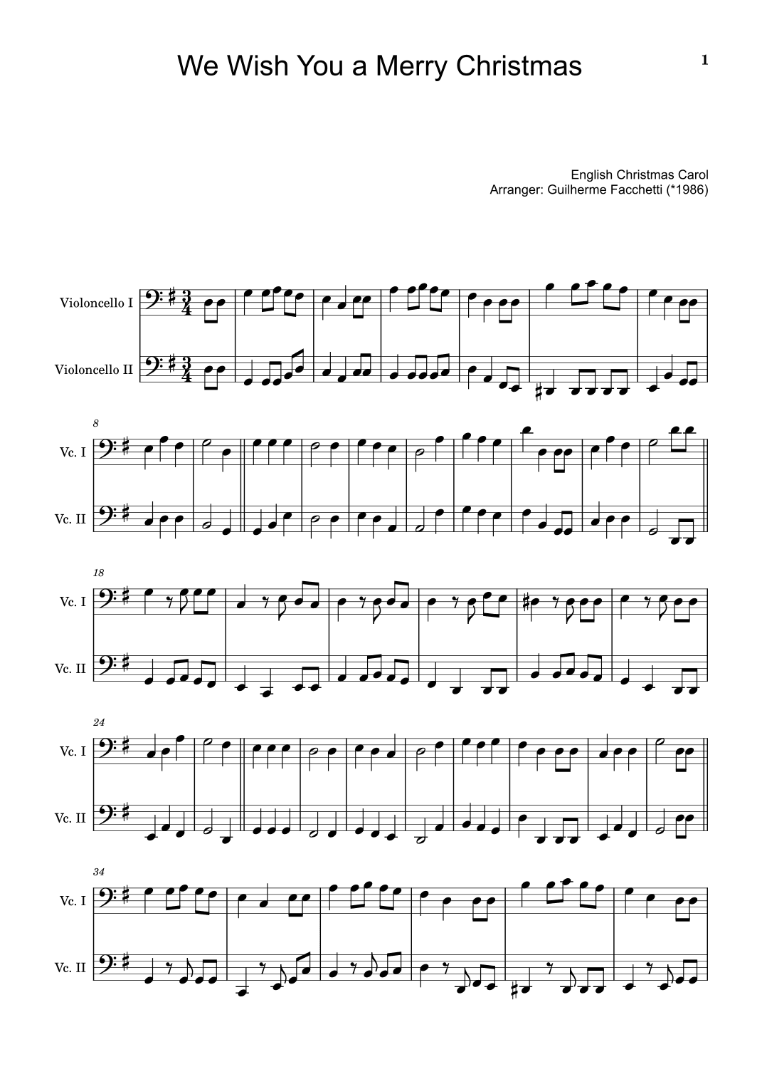 We Wish You a Merry Christmas - For Cello Duet. (arr. Guilherme Facchetti)