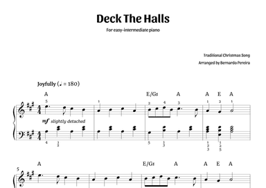 Deck The Halls (easy-intermediate piano – A major) (arr. Bernardo Pereira)