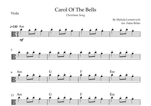 Carol Of The Bells (Christmas Song) for Viola Solo with Chords (arr. Fabio Britto)
