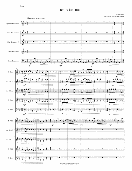 Riu Riu Chiu arranged for recorder quintet (soprano, 2 altos, tenor, bass) (arr. David Warin Solomons)