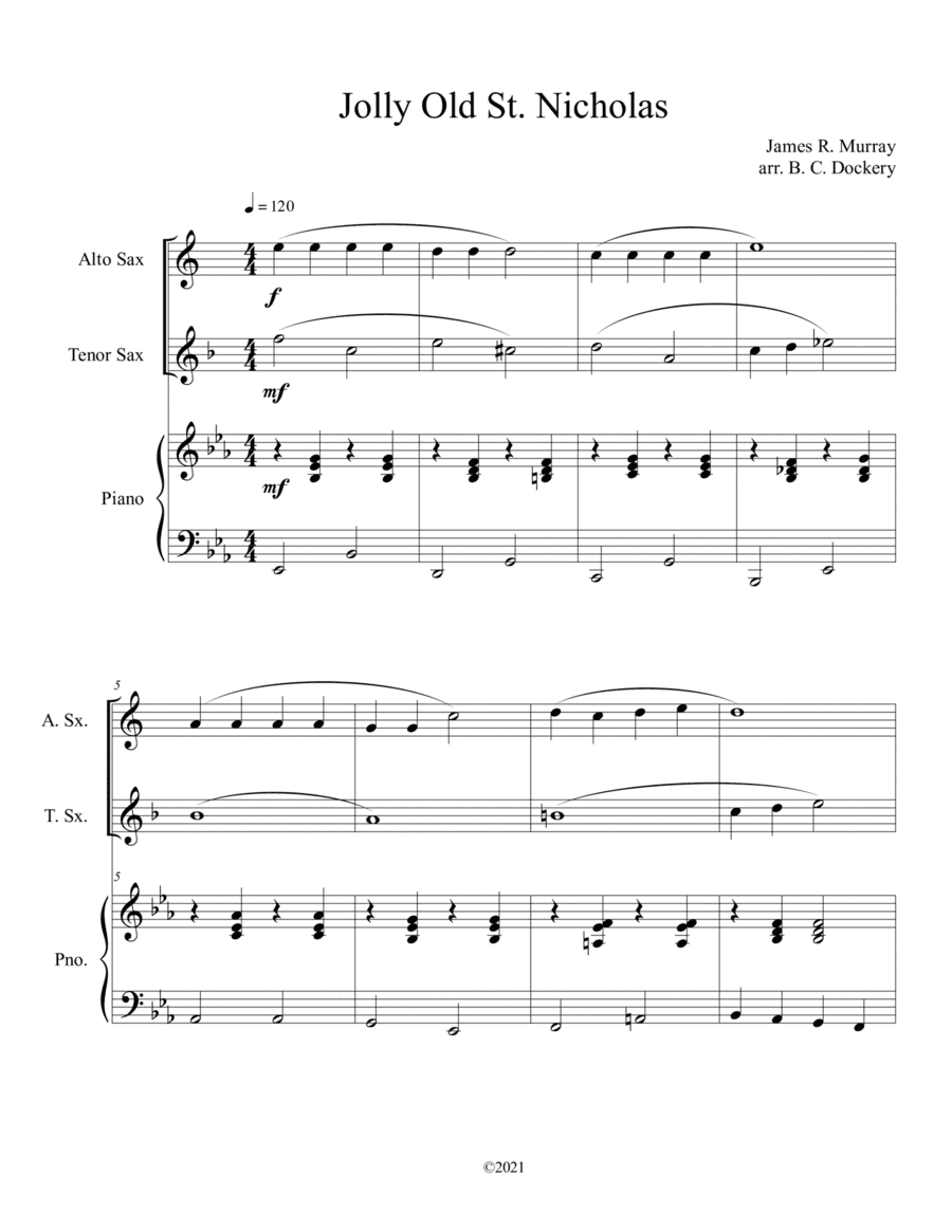 Jolly Old St. Nicholas (Alto and Tenor Sax Duet with Piano Accompaniment) (arr. B. C. Dockery)