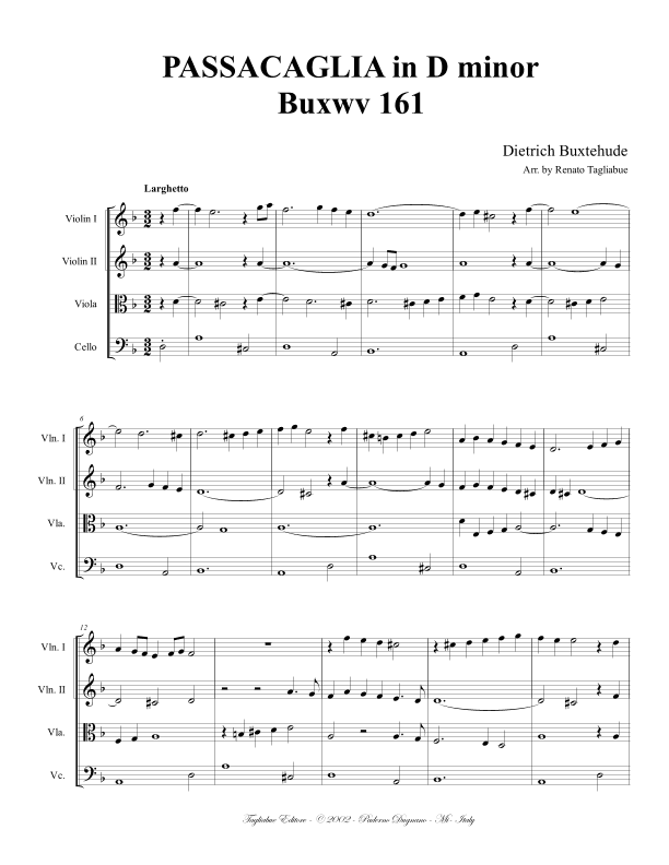 BUXTEHUDE - PASSACAGLIA IN D MINOR - BuxWv 161 - Arr. for String Quartet (arr. Renato Tagliabue)
