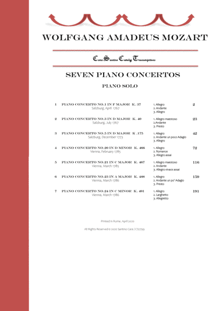 Mozart - Seven Complete Piano Concertos for Piano solo (arr. Santino Cara)