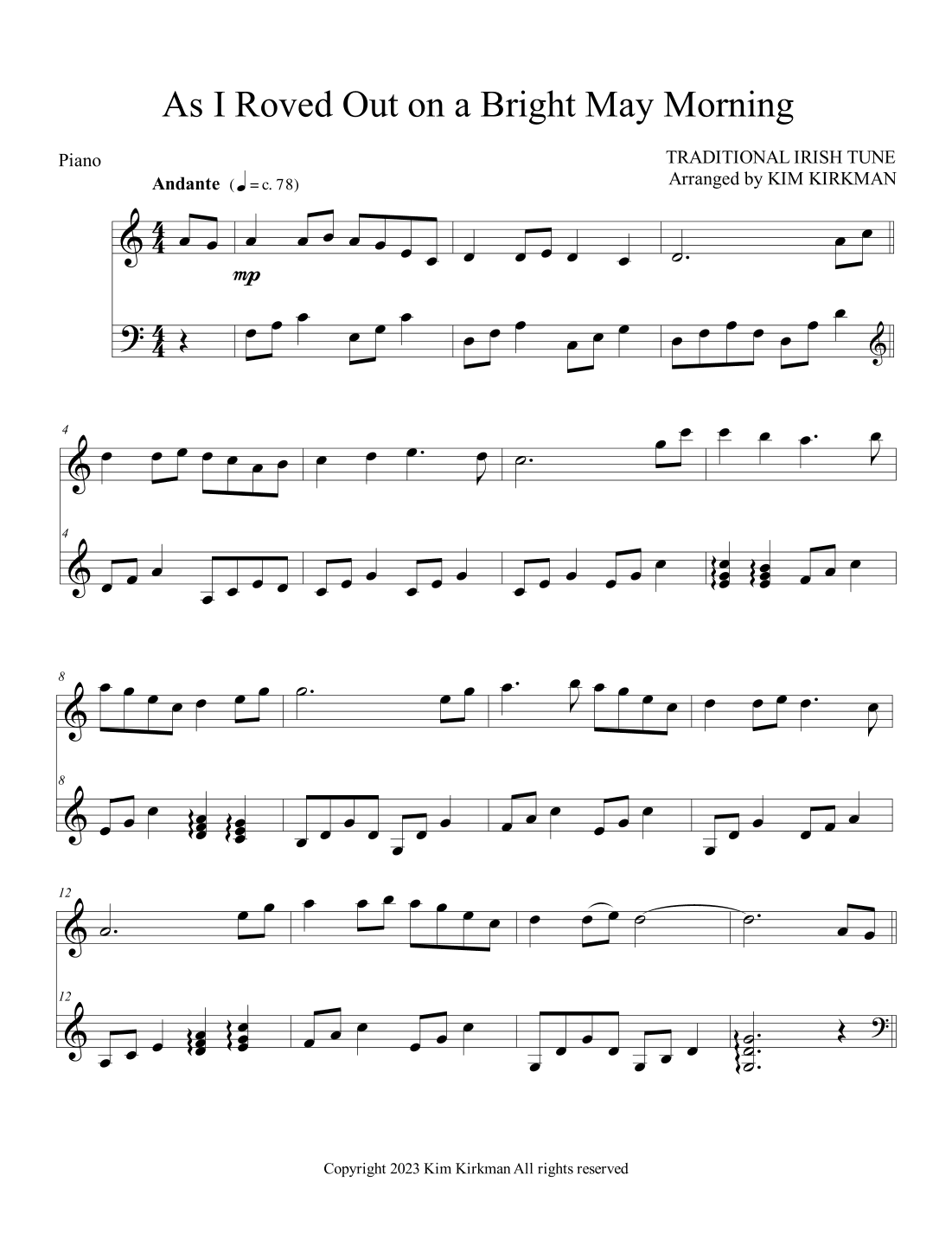 As I Roved Out On A Bright May Morning for piano (no black notes required) (arr. Kim Kirkman)