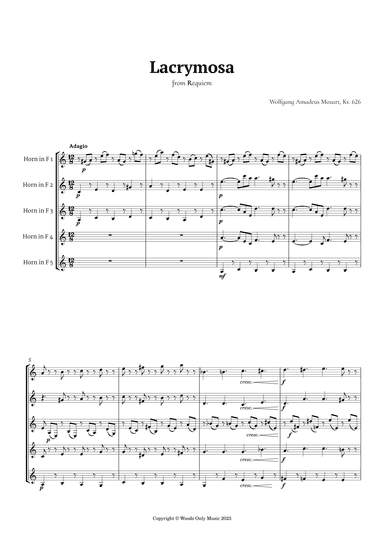 Lacrymosa by Mozart for French Horn Quintet (arr. Ander)