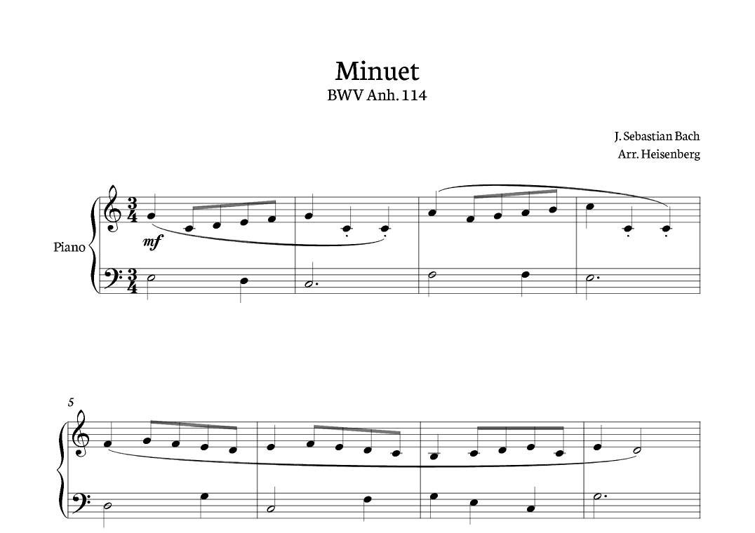 Bach - Minuet for Easy Piano solo. (arr. Heisenberg)