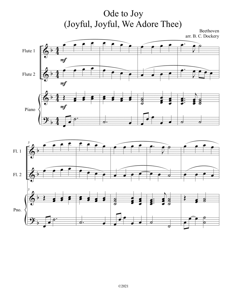Ode to Joy (Joyful, Joyful, We Adore Thee) for flute duet with piano accompaniment (arr. B. C. Dockery)