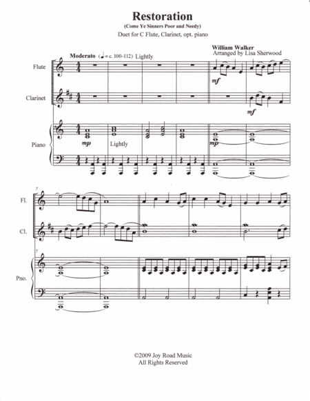 Restoration (Come Ye Sinners) Flute, Clarinet duet, with piano (arr. Lisa Sherwood)