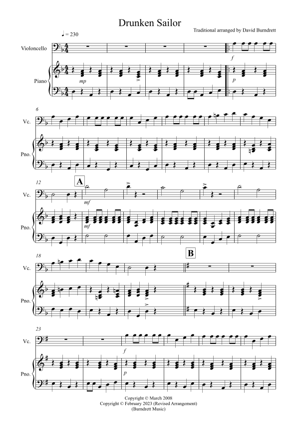 Drunken Sailor for Cello and PIano (arr. David Burndrett)