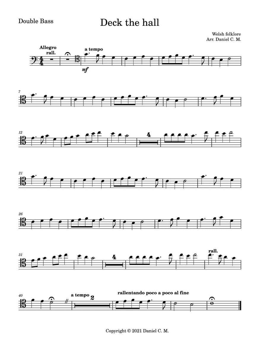 Deck the hall for double bass and piano (easy) (arr. Daniel C. M.)