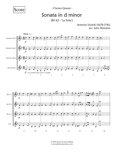 Sonata in d minor RV63 "La Folia" (Clarinet Quartet) (arr. John Romano)