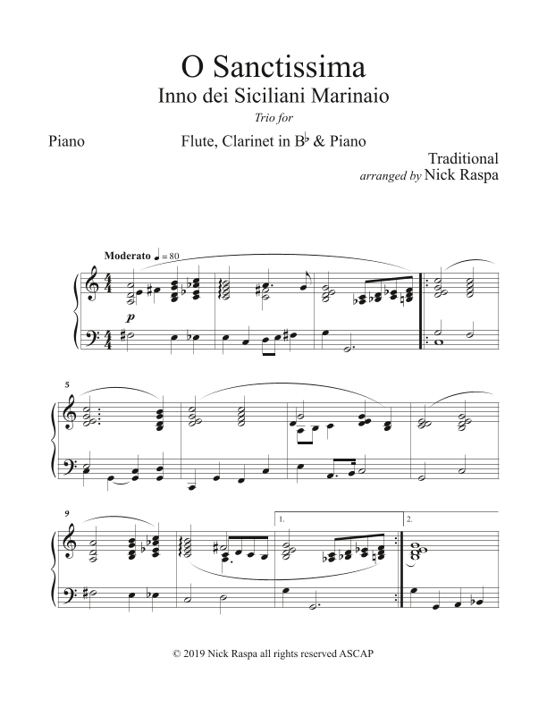 O Sanctissima  (Flute, Clarinet & Piano) Piano part (arr. Nick Raspa)