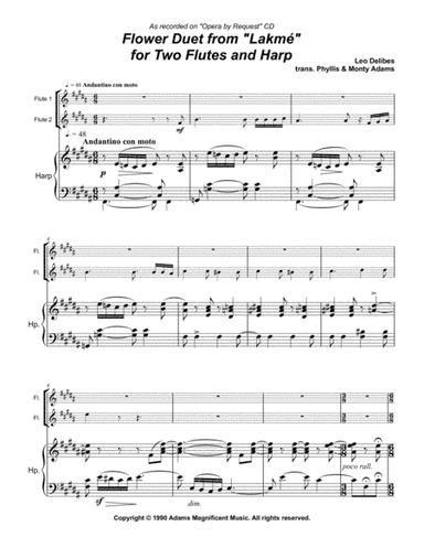 Flower Duet from Lakmé for 2 Flutes (or violins) and Harp (arr. Monty and Phyllis Adams)