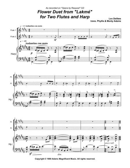 Flower Duet from Lakmé for 2 Flutes (or violins) and Harp (arr. Monty and Phyllis Adams)