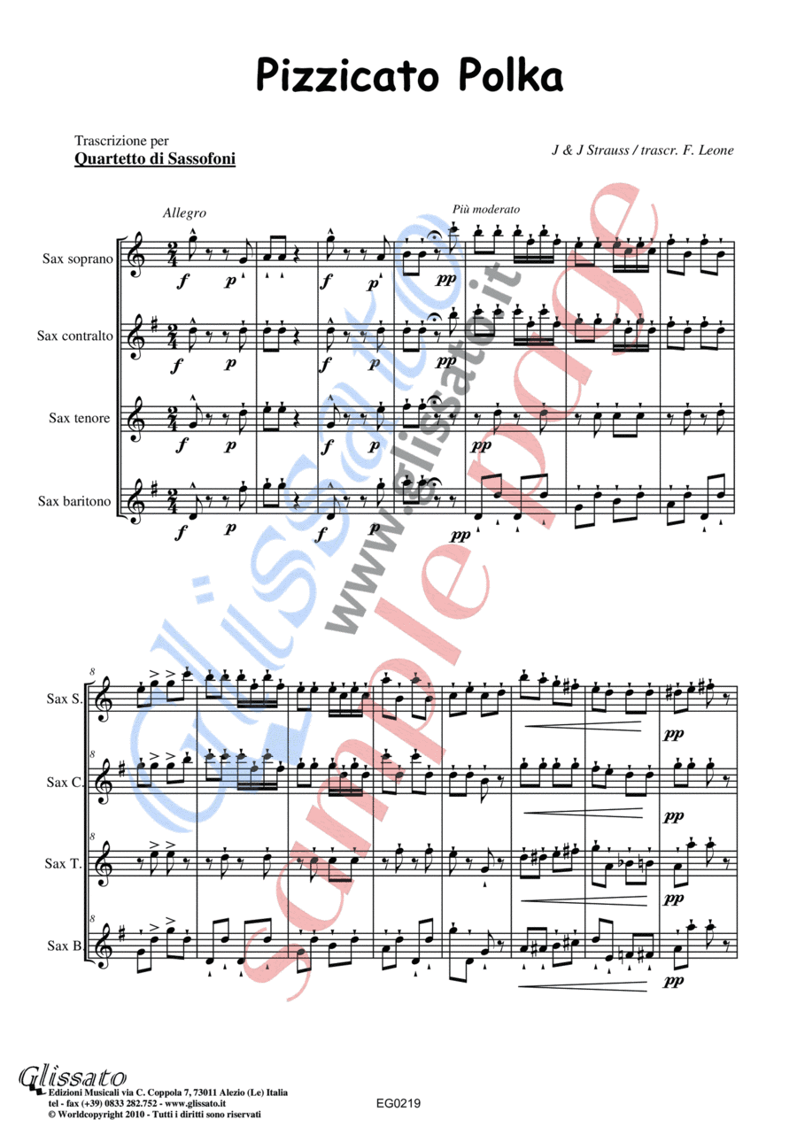 Pizzicato polka - Saxophone Quartet satb (score & parts) (arr. Francesco Leone)