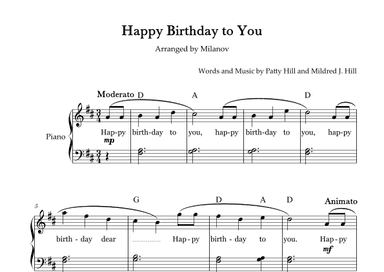 Happy Birthday to You Piano in D Easy Intermediate Chord Lyrics (arr. Milanov)