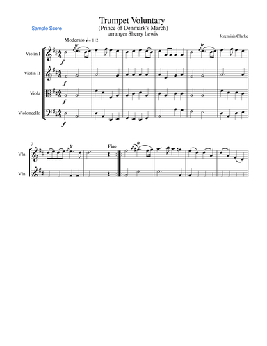 TRUMPET VOLUNTARY Jeremiah Clarke, String Quartet, Intermediate Level for 2 violins, viola and cello (arr. Sherry Lewis)