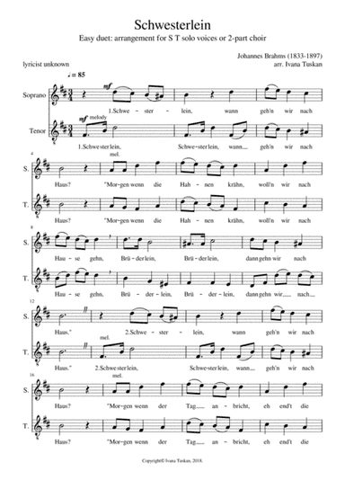 Schwesterlein, easy duet for vocal duet ST or 2-part choir a cappella, B minor (arr. Ivana Tuskan)