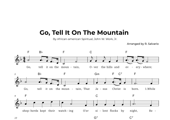 Go, Tell It On The Mountain (Key of F Major) (arr. R. Salvario)