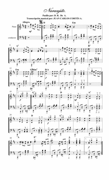 Naranjito. Pasillo por Autor Desconocido (Anónimo) (arr. Juan Carlos Cortés A.)