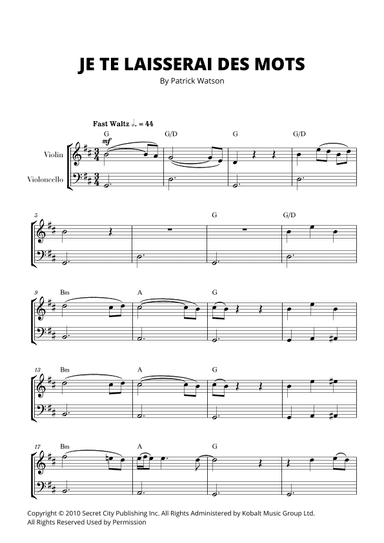 Je Te Laisserai Des Mots (arr. Cadenza Editions)