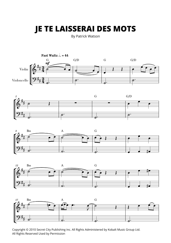 Je Te Laisserai Des Mots (arr. Cadenza Editions)
