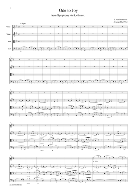 Beethoven  Ode to Joy from Symphony No.9, 4th mvt., for string quartet, CB009 (arr. FCMUSIC)