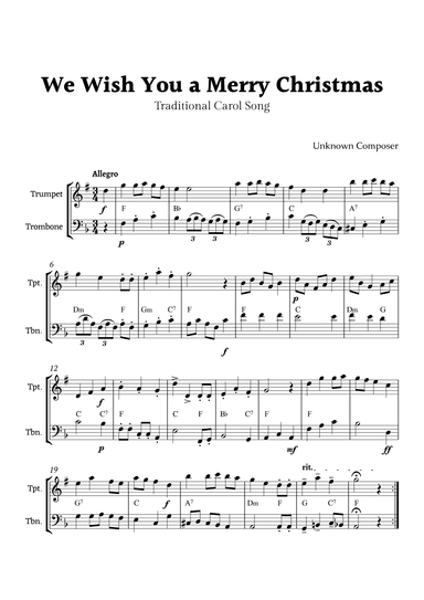 We Wish you a Merry Christmas for Trumpet and Trombone Duet with Chords (arr. Rika K.)