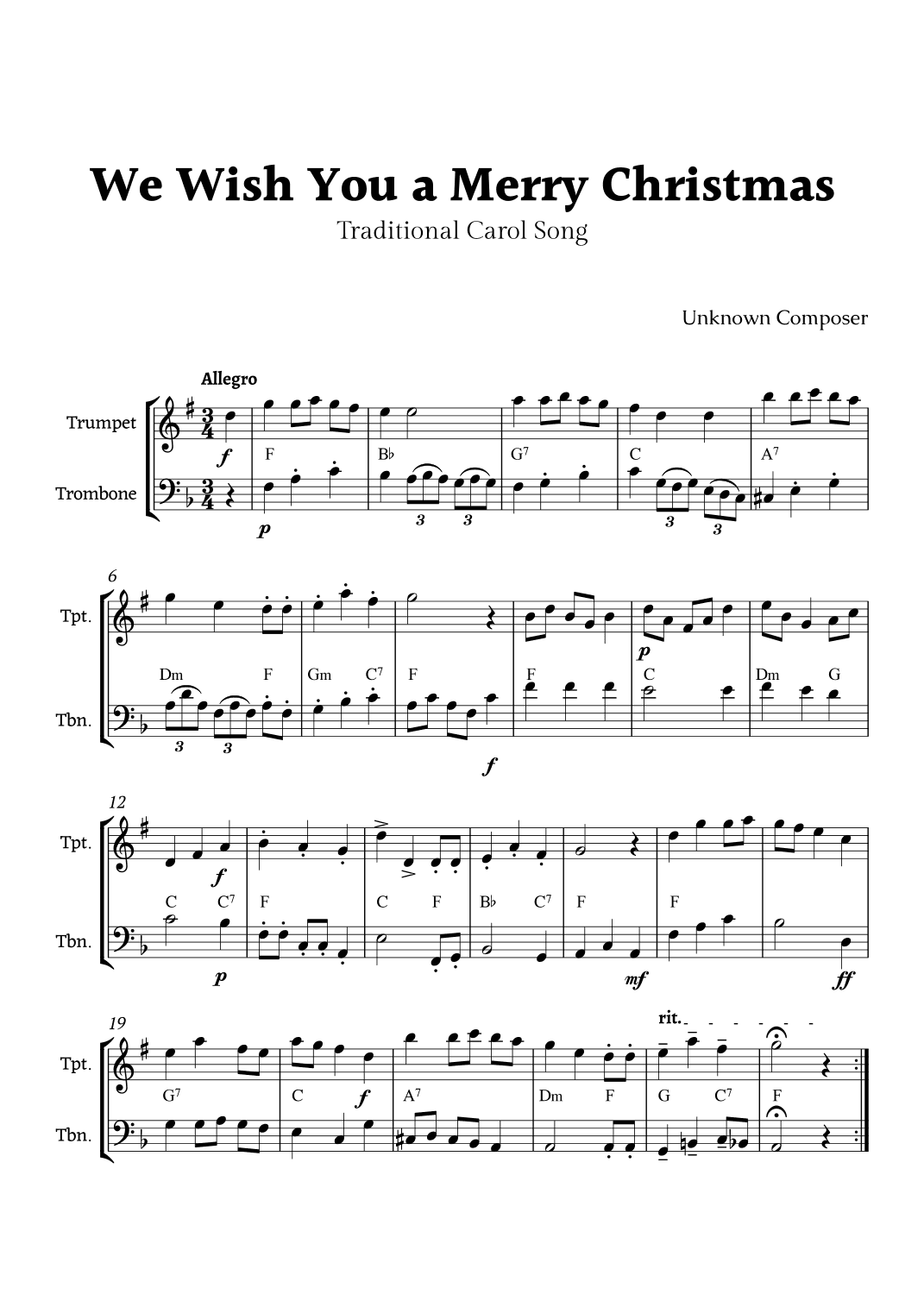 We Wish you a Merry Christmas for Trumpet and Trombone Duet with Chords (arr. Rika K.)