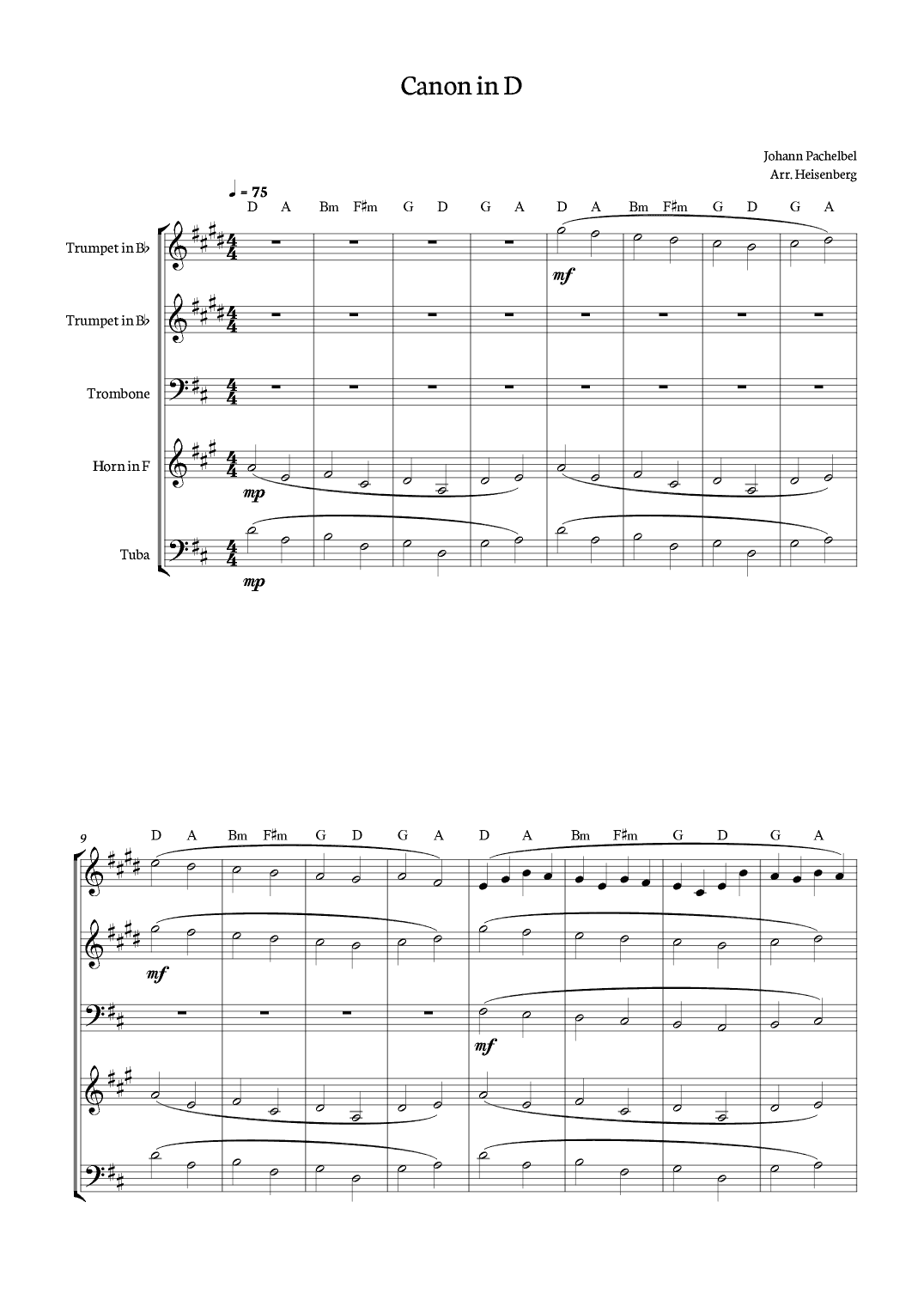 Canon in D - Johann Pachelbel for Brass Quintet with chords. (arr. Heisenberg)