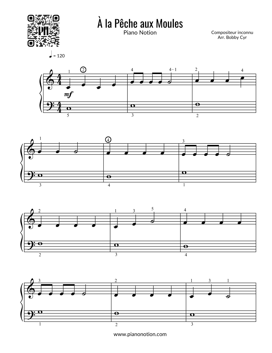 À la Pêche aux Moules - Comptines (piano facile) (arr. Bobby Cyr - Piano Notion)