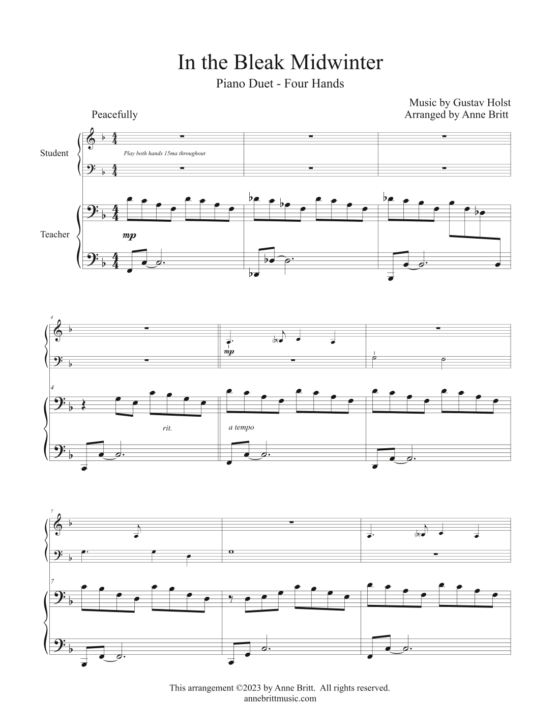 In the Bleak Midwinter (elementary student/teacher piano duet) (arr. Anne Britt)