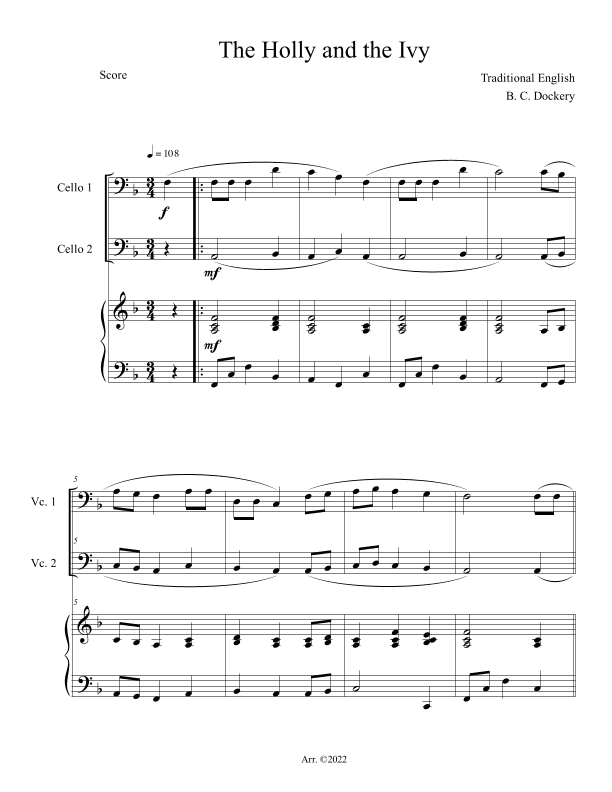 The Holly and the Ivy (Cello Duet with Piano Accompaniment) (arr. B. C. Dockery)